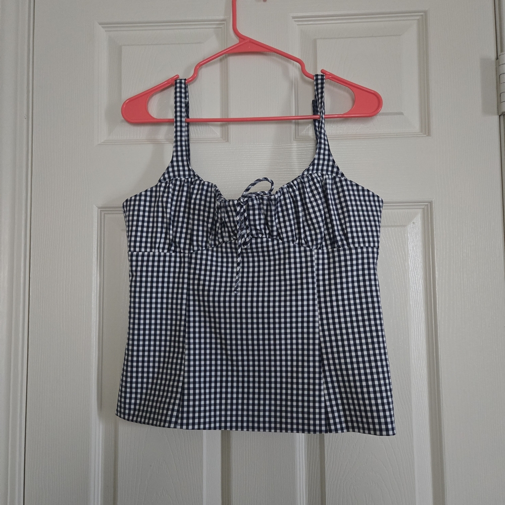 Zara Navy and White Gingham Tie-Front Camisole Top